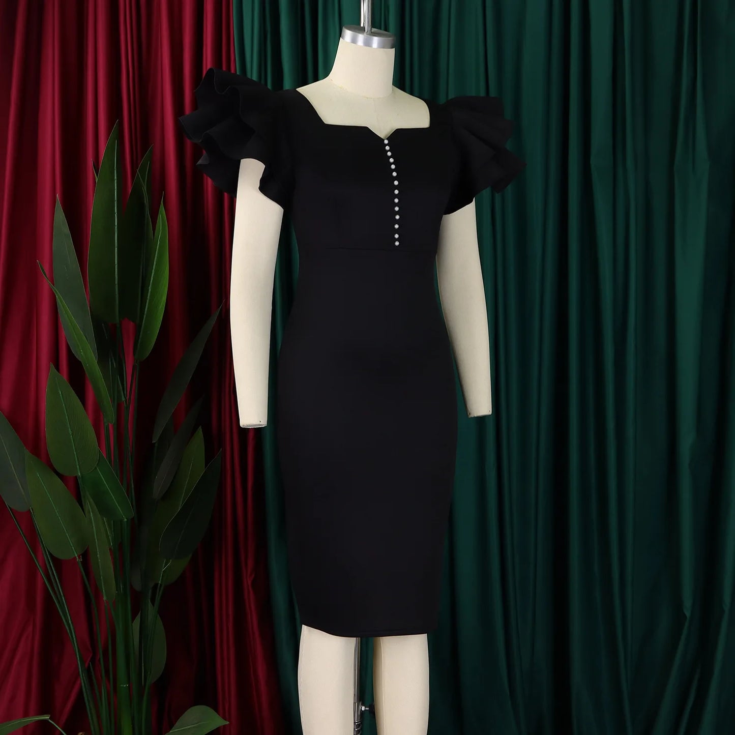 Designer Nail-Beaded Lotus Sleeve A-Line Dress