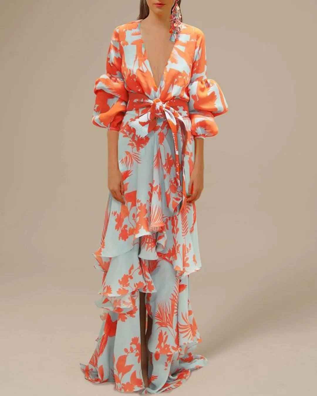 Summer Chiffon Floral Print V-Neck Beach Irregular Bohemian Dress