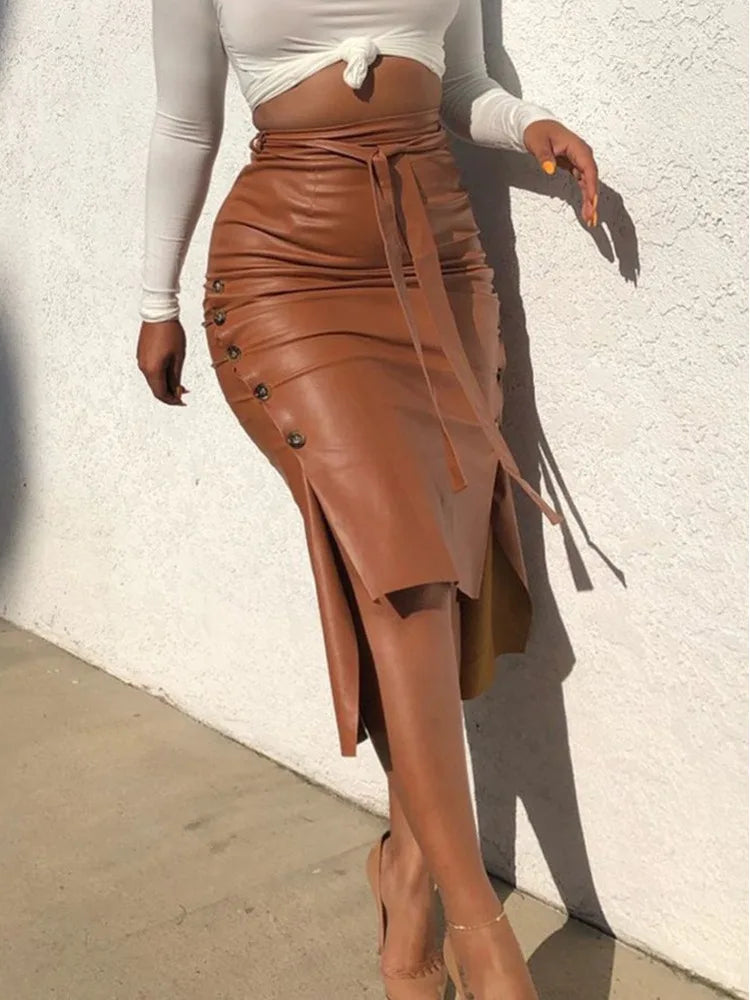 Women's Bodycon A-line High Waist Lace Up Faux Leather Skirt