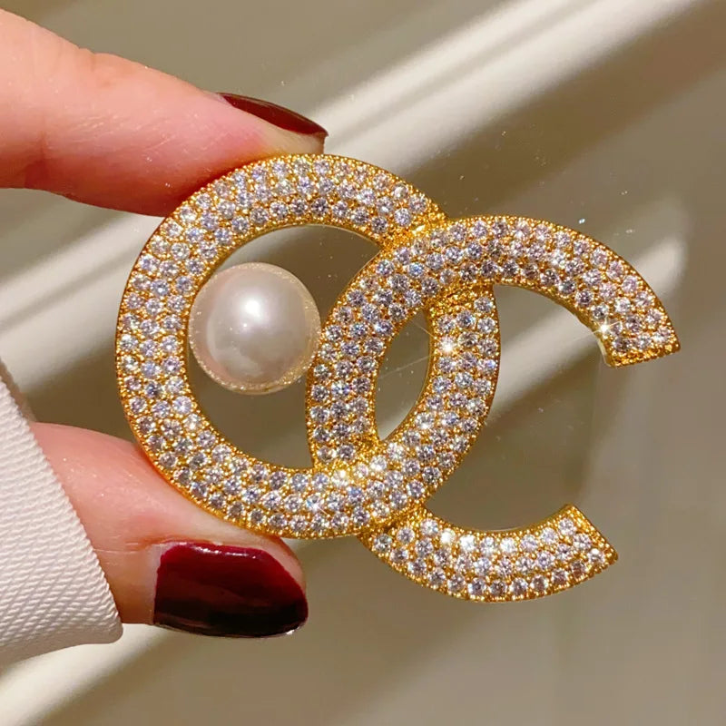 Rhinestone Letter C Pearl Brooch