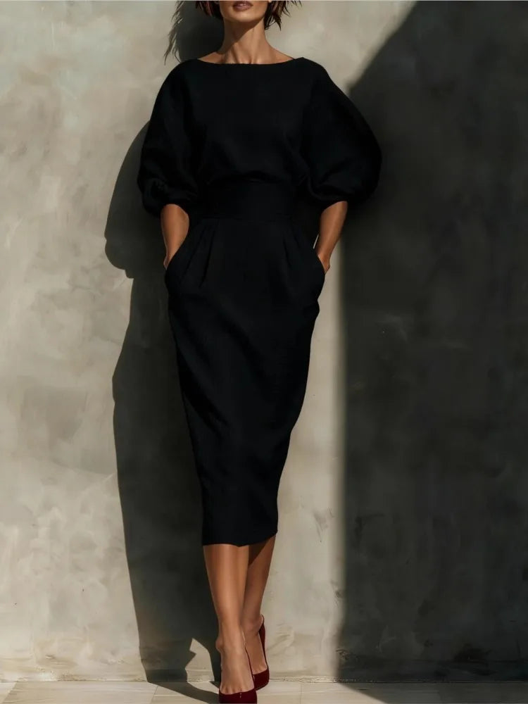 Women O-neck Lantern Sleeve Pocket Midi High Waist Pleated Wrap Hip Dress