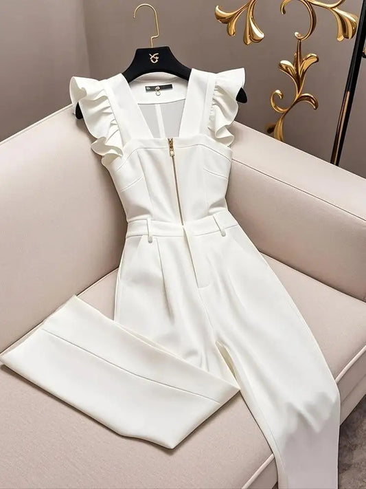 Summer Oversized Luxury Ruffle Sleeveless Elegant Bodysuit Solid with Belt