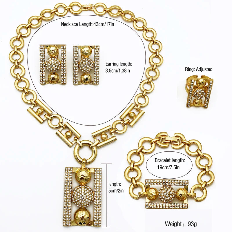 Women Rhinestone Luxury Design Rectangle Shape Necklace Bracelet Earring Ring Set