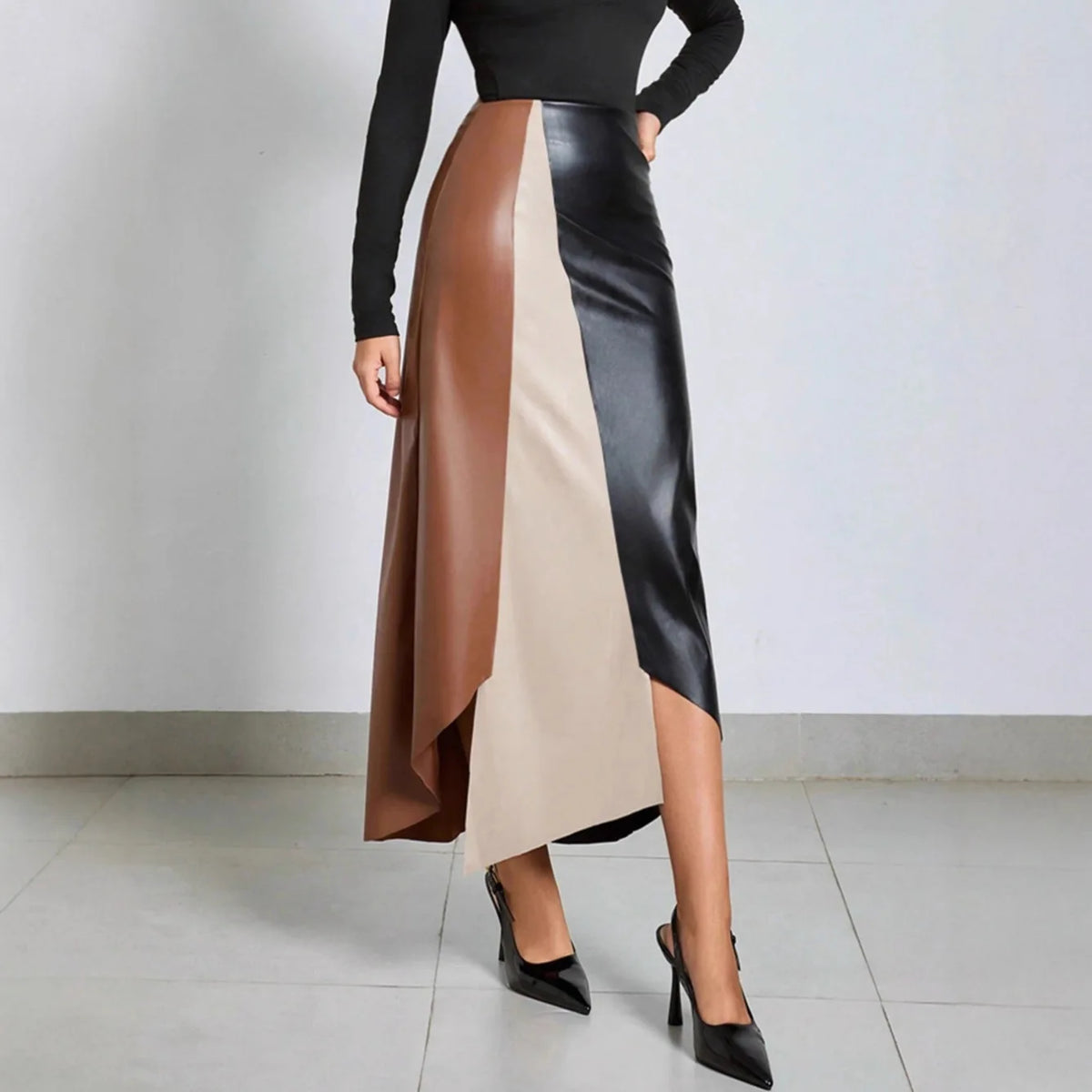 Women's Faux Leather Color Block High Waist Designer Long Skirt