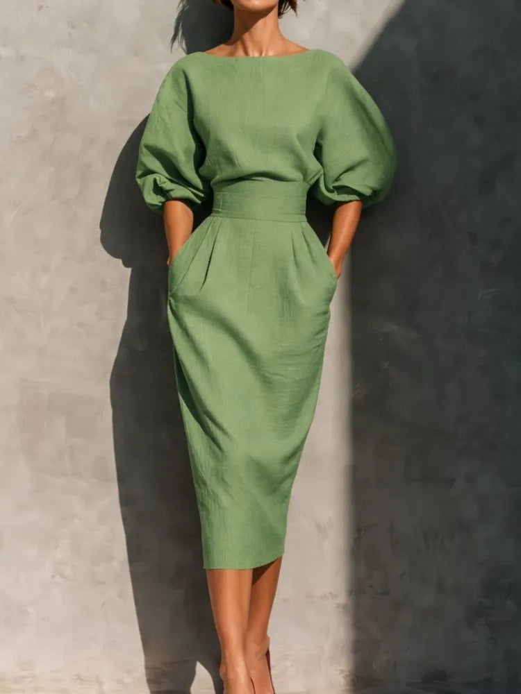 Women O-neck Lantern Sleeve Pocket Midi High Waist Pleated Wrap Hip Dress