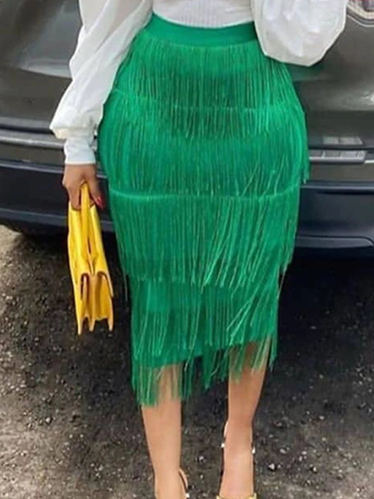 Women's Fringe Bodycon Tassel High Waist Stretch Midi Pencil Skirt
