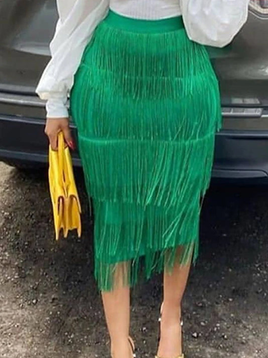 Women's Fringe Bodycon Tassel High Waist Stretch Midi Pencil Skirt