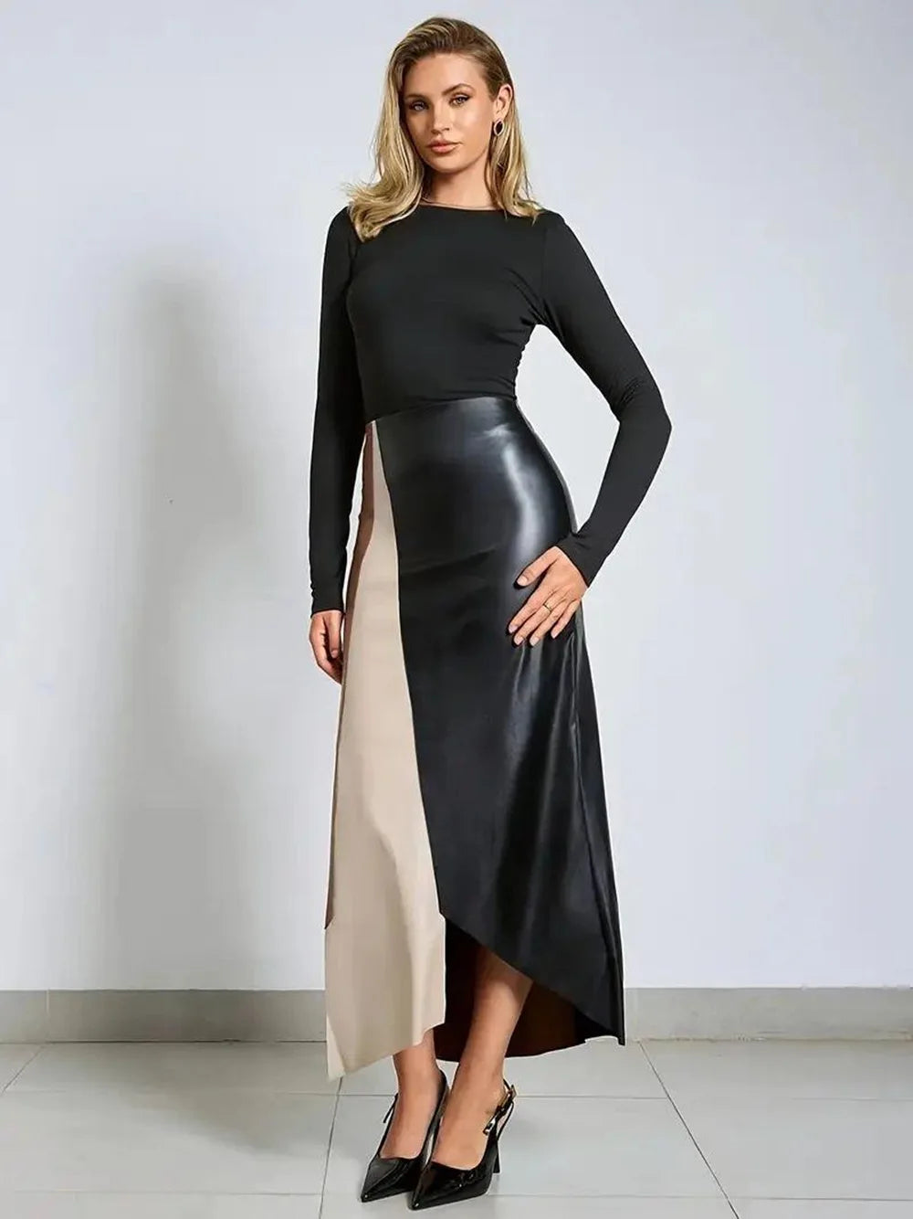Women's Faux Leather Color Block High Waist Designer Long Skirt