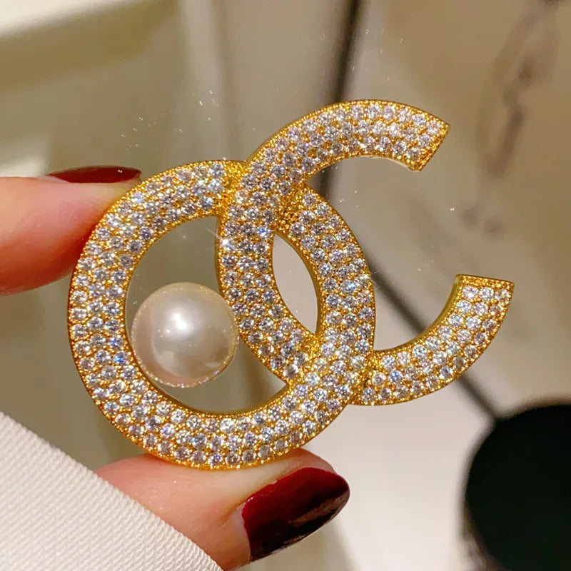 Rhinestone Letter C Pearl Brooch