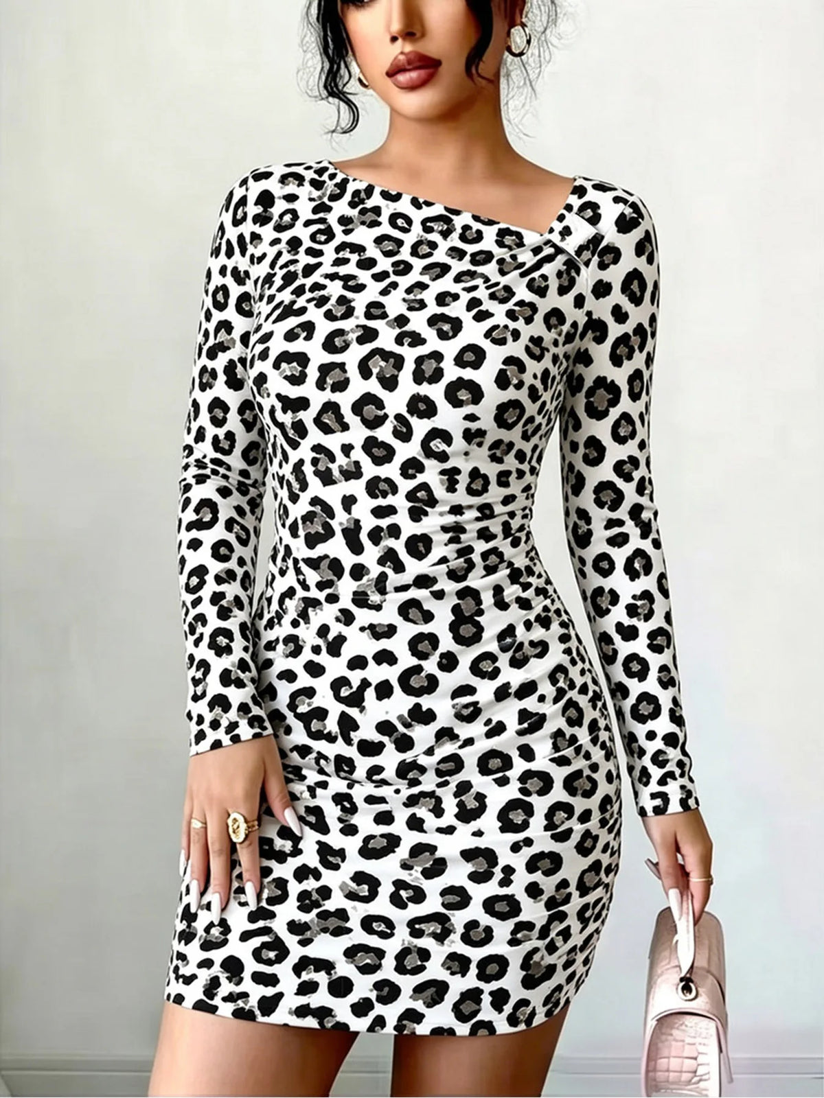 Women's Geometric Polka Dot Long Sleeve Slanted Collar BodyCon Dress