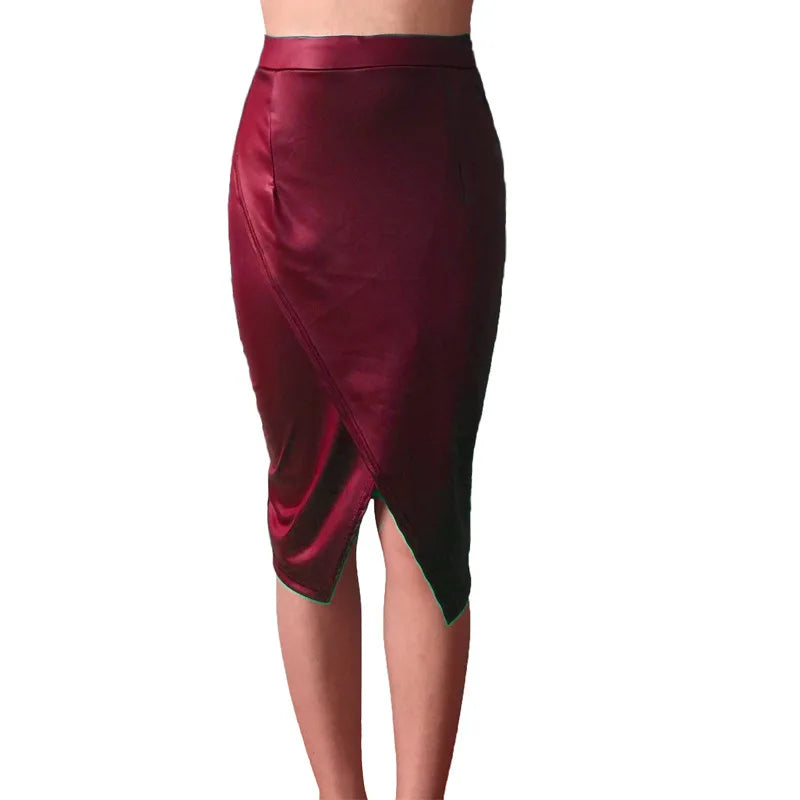 Women's Faux Leather Midi Split High-Waist Skirt