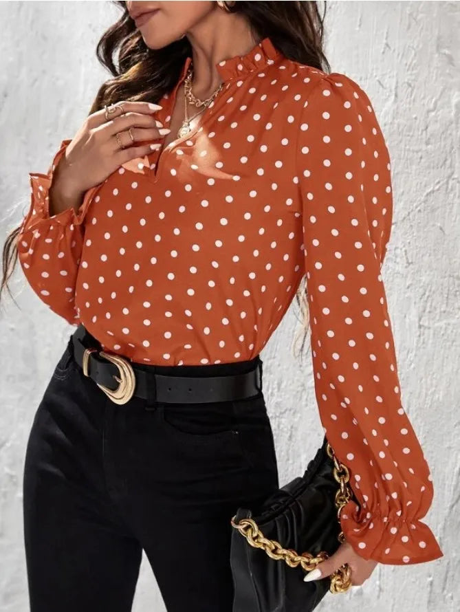 Women's Elegant Professional V-neck Polka Dot Long Sleeved Casual Chiffon Blouse