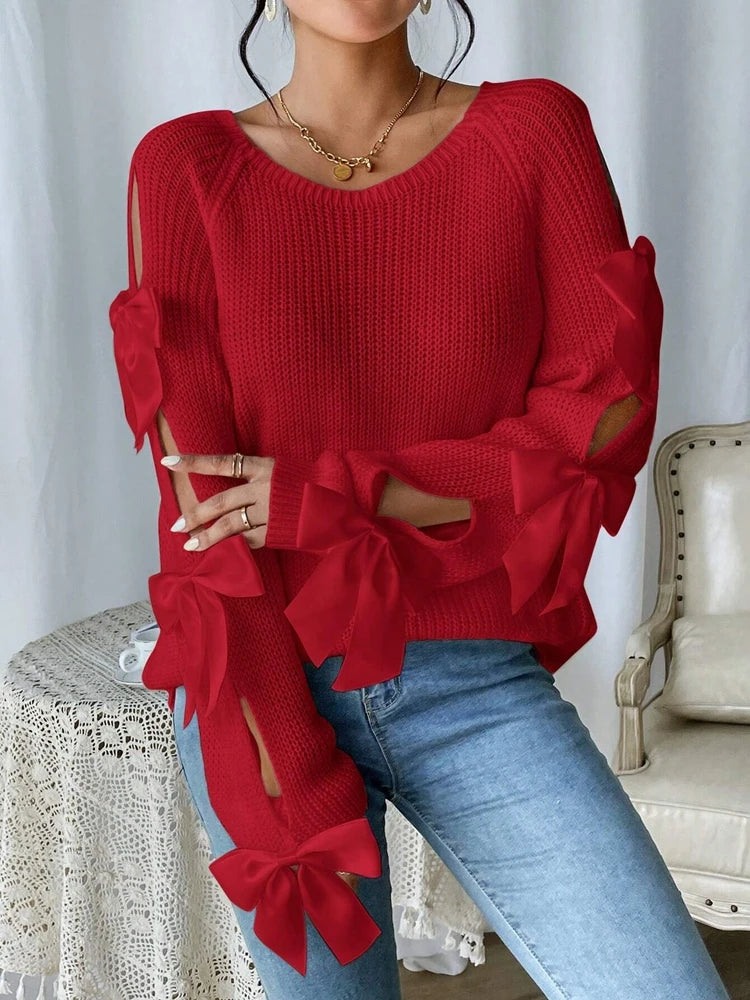 Women Designer Round Neck Long Sleeve Knitted Bow Tie Sweater