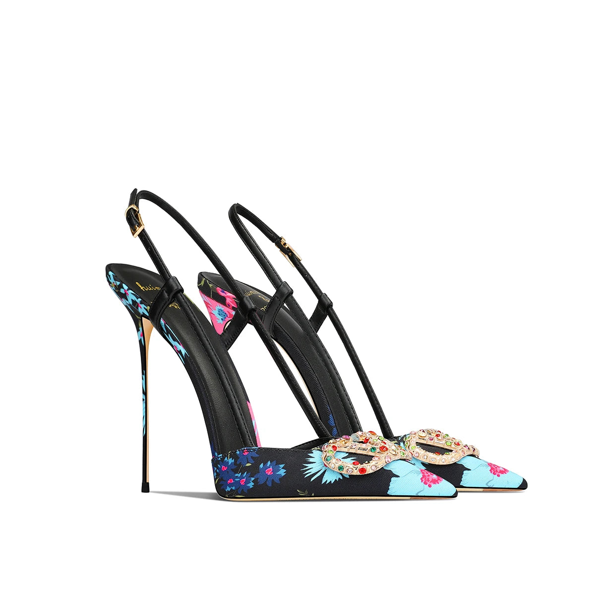 Elegant Floral Pointed Toe Jewel Buckle Stiletto Heels