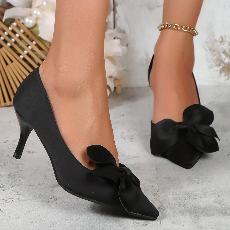 Women Sexy Pointy Shallow Mouth Toe with Bow Kitten Heel Shoes