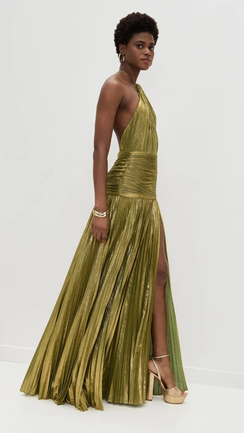 Metallic Gold Off Shoulder Backless Halter Long Dress w/ High Split