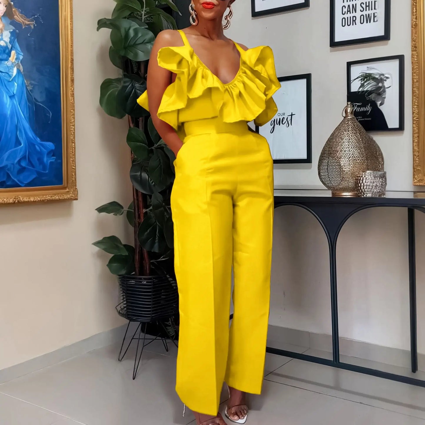Designer Deep V Neck Ruffles High Waist Pants Jumpsuit