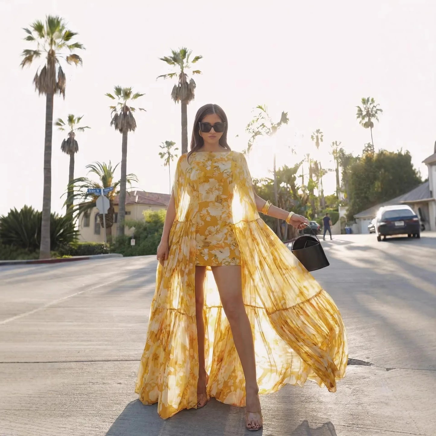 Flower Print Chiffon Big Hem Slim Mini Designer Dress