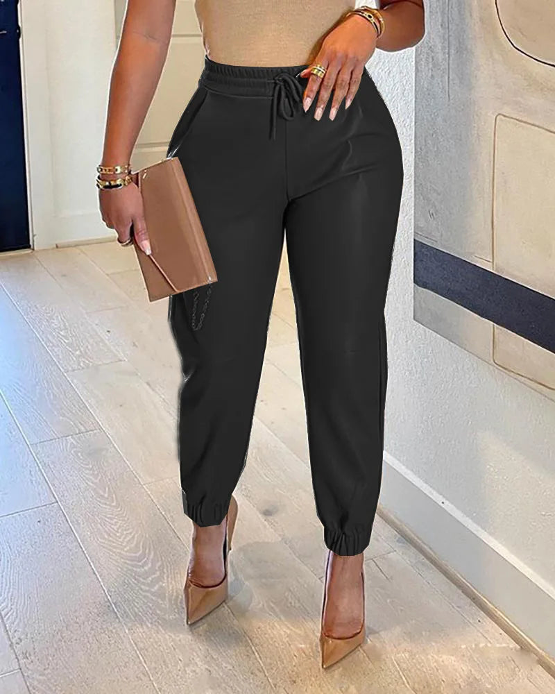 Women's Faux Leather Elastic Waist Vintage Casual Loose Fit Trousers