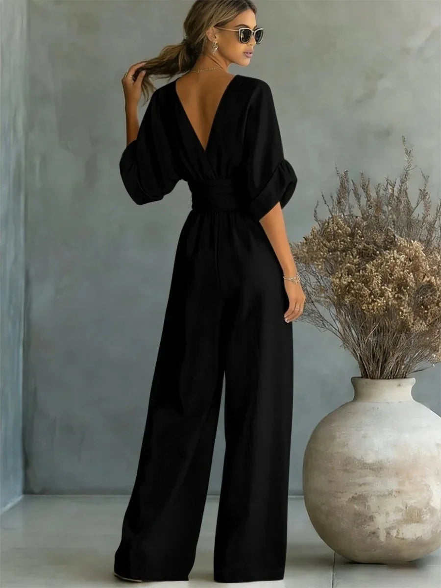 Women's High Waist V-neck Solid Color Wide Leg Jumpsuit