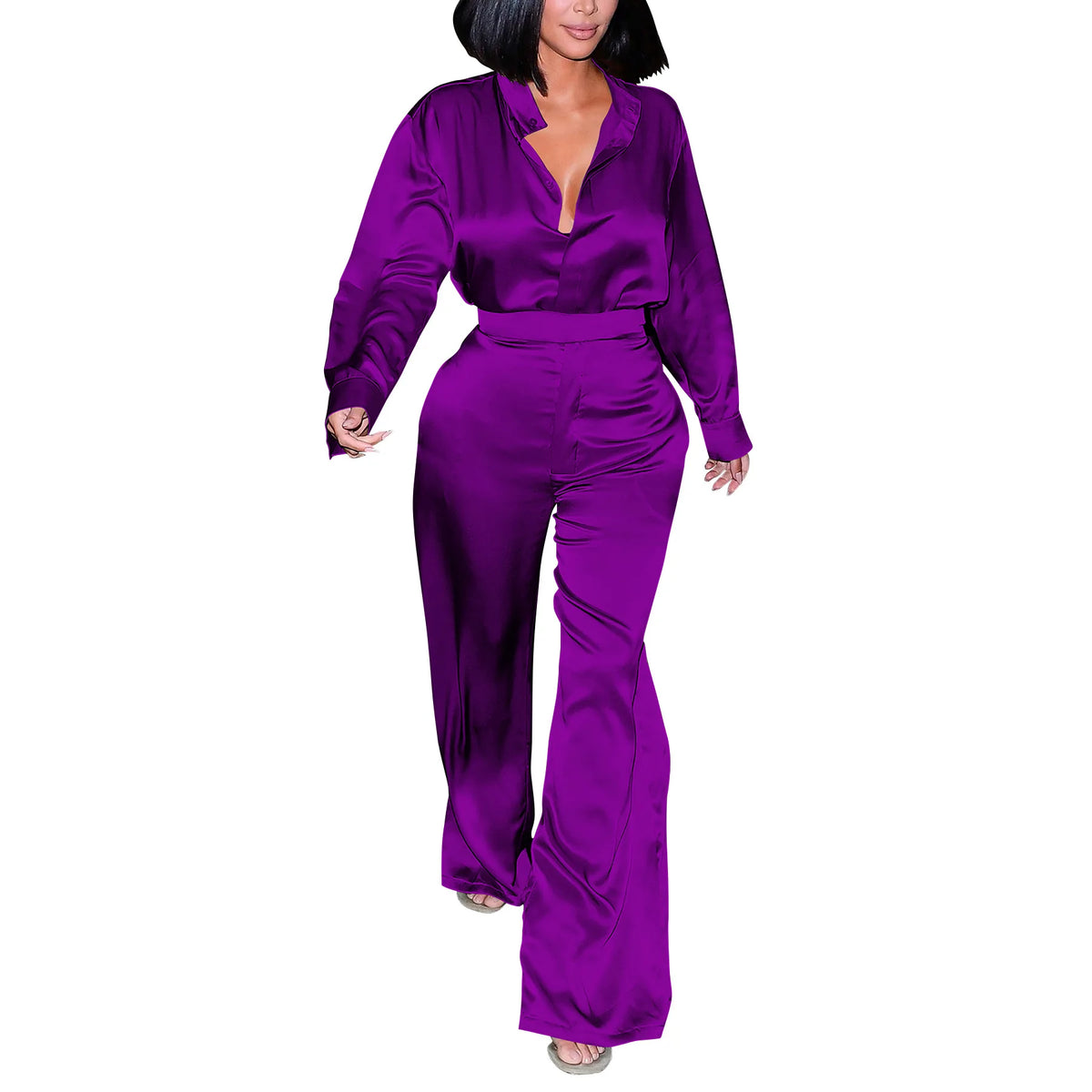 Satin Women's Long Sleeve Blouse and Wide Leg Pant 2 Piece Set