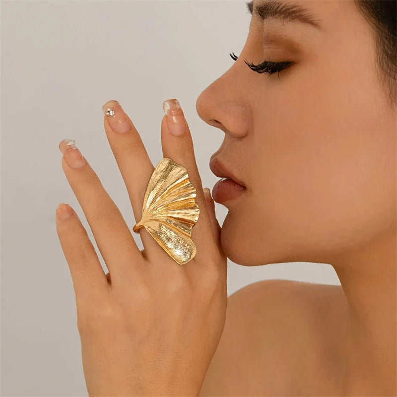 Exaggerated Fold Leaf Irregular Wide Gold Ring
