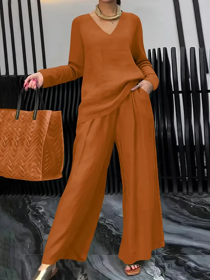 Summer Fashionable V-neck Top+ Long Pants 2 Piece Set