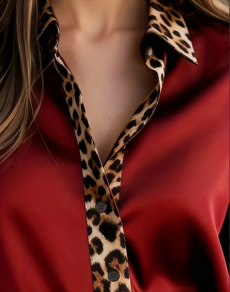 Elegant Long Sleeve Button Down Leopard Print Collar Loose Fit Blouse 