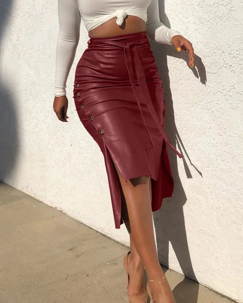Women's Bodycon A-line High Waist Lace Up Faux Leather Skirt