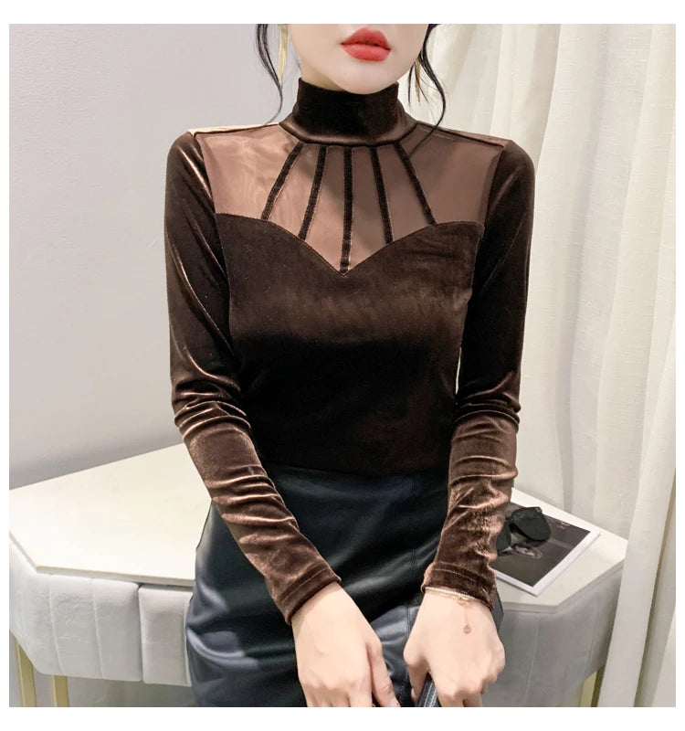 Velvet Mesh Slim T Designer Long Sleeve Turtleneck