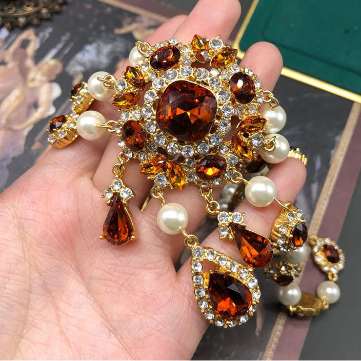 Classic Retro Vintage Rhinestone White Pearl Water Droplet Necklace Earring Set