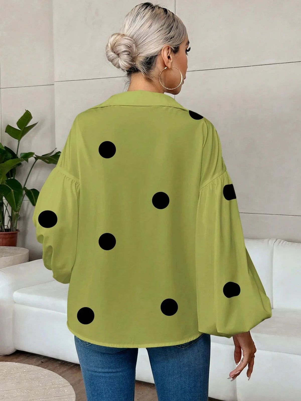 French Polka Dot Print Long Sleeve Casual V-Neck Oversized Blouse