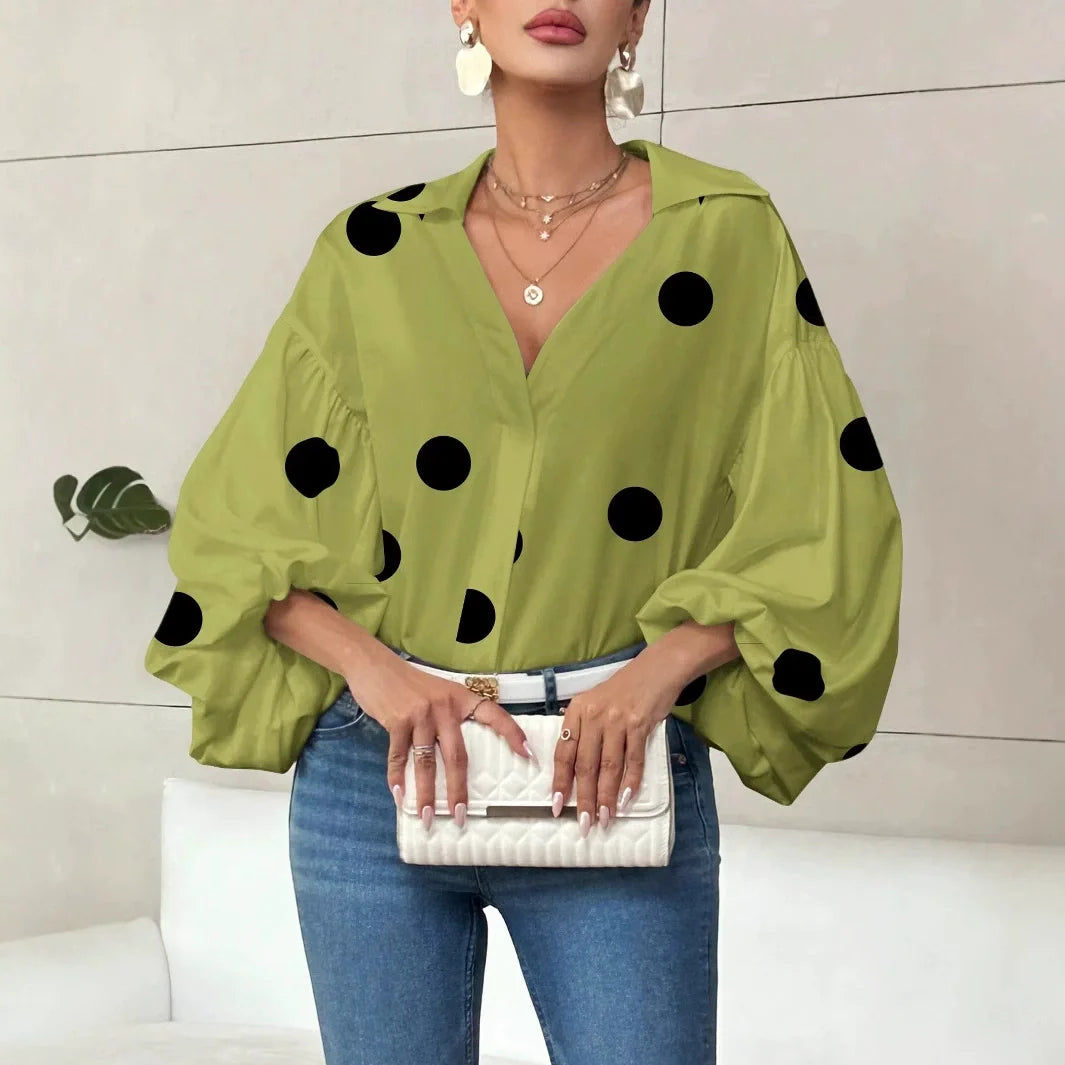 French Polka Dot Print Long Sleeve Casual V-Neck Oversized Blouse