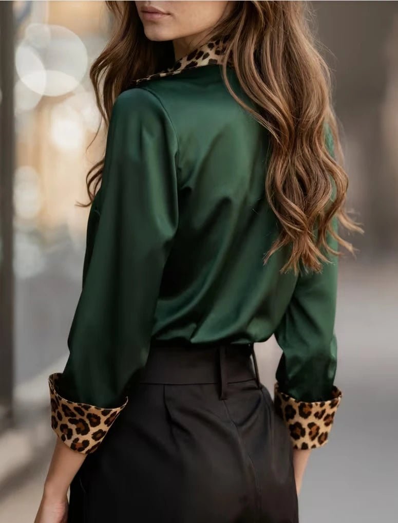 Elegant Long Sleeve Button Down Leopard Print Collar Loose Fit Blouse 