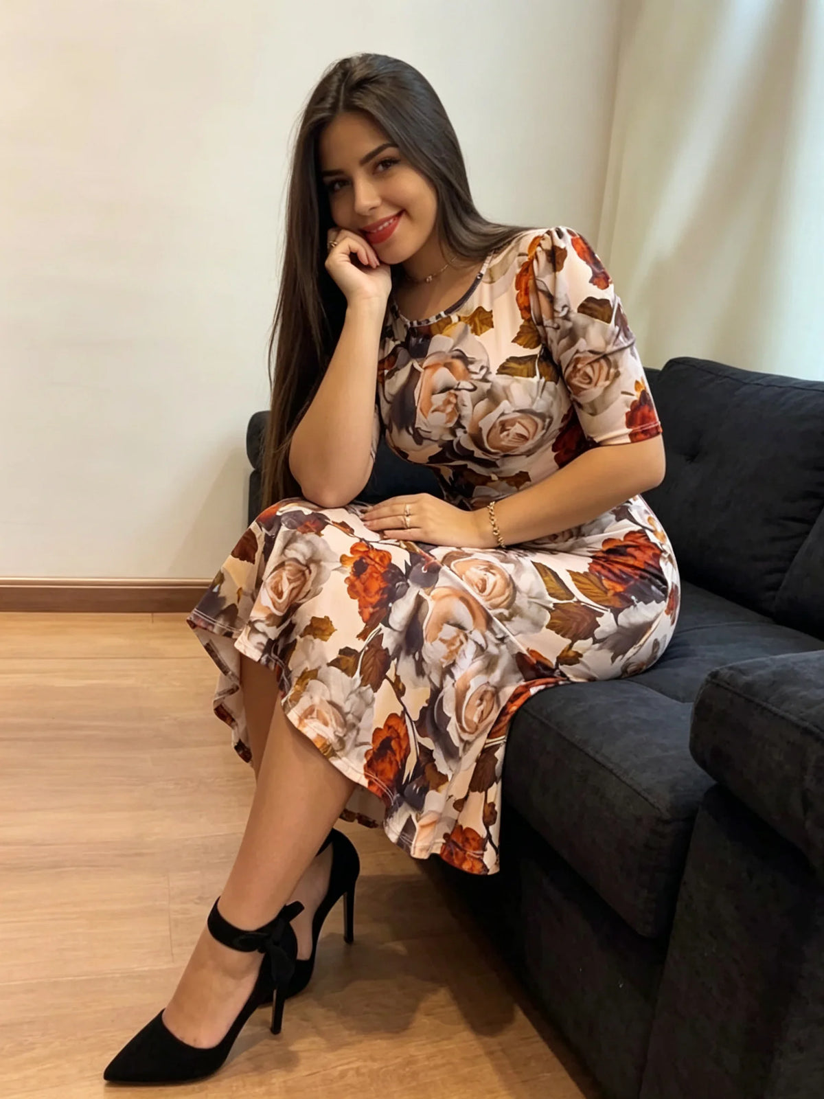 Women's Slim Fit Round Neck Autumn Floral Printed Slimming Dress