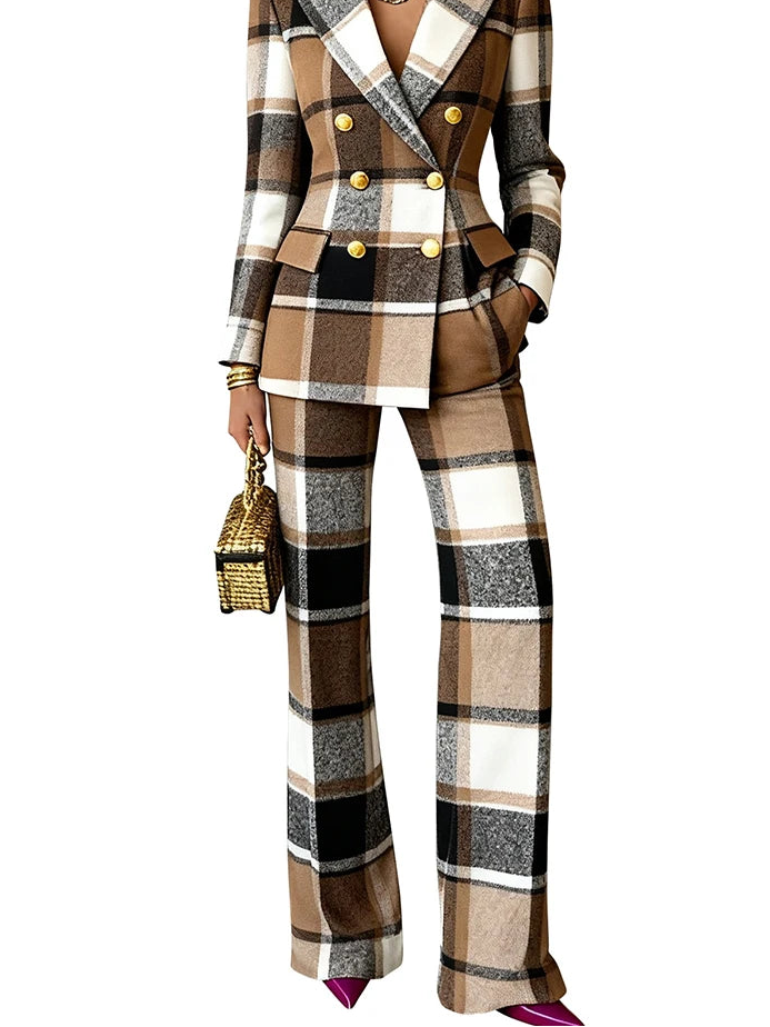 Plaid suit with gold buttons on a white background, featuring the brand 'Znaiml'.