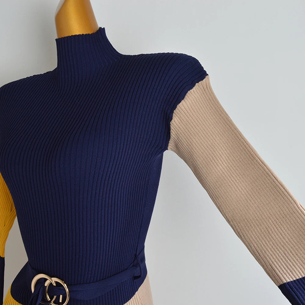 Women's Knitted Color Block Long Sleeve Turtleneck Sweater Dress with Belt