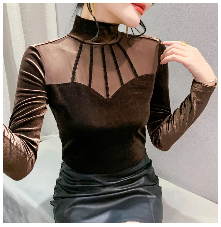 Velvet Mesh Slim T Designer Long Sleeve Turtleneck