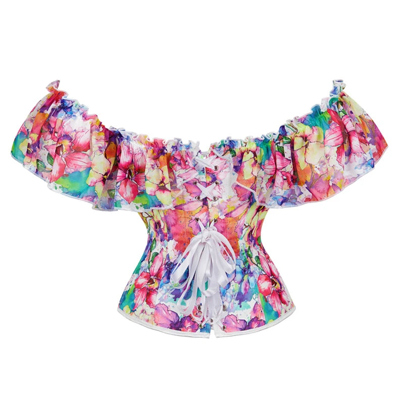 Woman Sexy Floral Ruffle Puff Sleeve Off Shoulder Corset