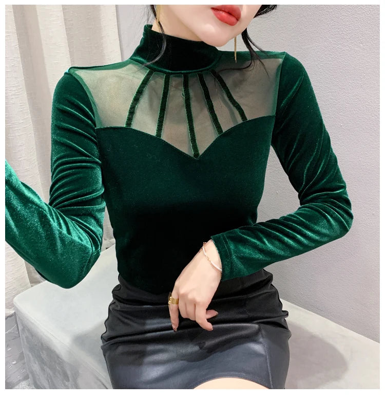 Velvet Mesh Slim T Designer Long Sleeve Turtleneck