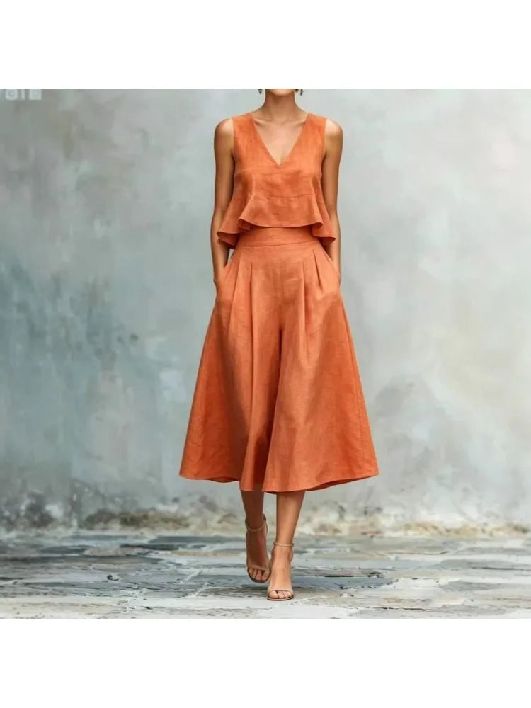 Summer V Neck 2 Piece Sleeveless Ruffle Top High Waist Wide Leg Midi Pants Set