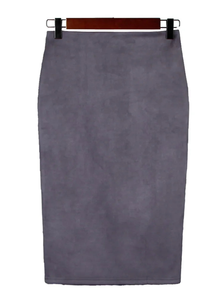 Sexy Multi Color Suede Elastic High Waist BodyCon Midi Pencil Skirt