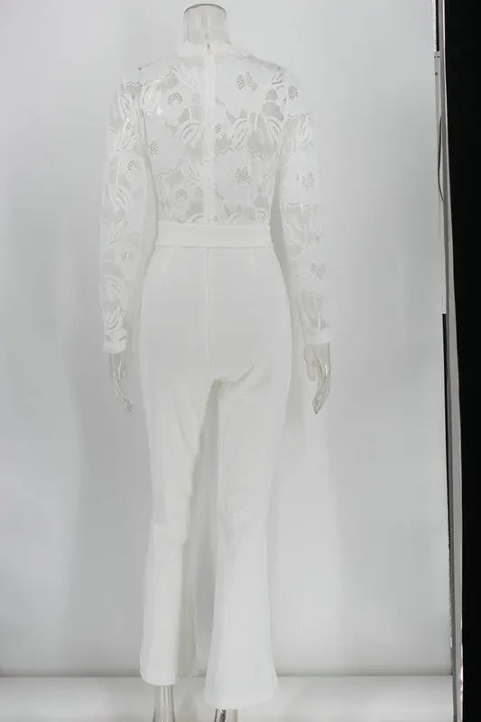 Women White Lace Stitching Long Sleeve V-neck Wide Leg Pants With Belt Romper