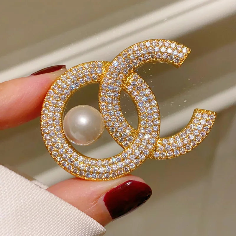 Rhinestone Letter C Pearl Brooch