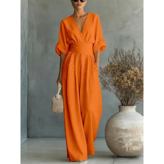 Women's High Waist V-neck Solid Color Wide Leg Jumpsuit