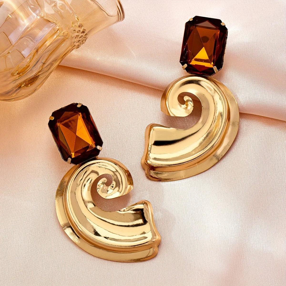 Women's Elegant Brown Rhinestone Swirl Design Earrings