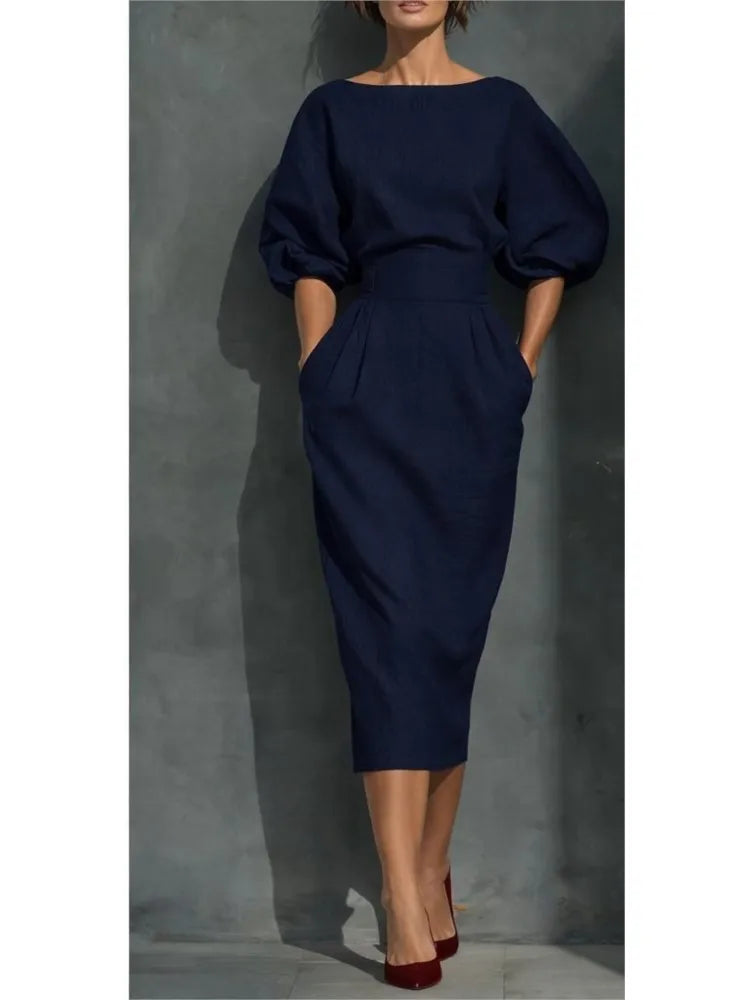 Women O-neck Lantern Sleeve Pocket Midi High Waist Pleated Wrap Hip Dress
