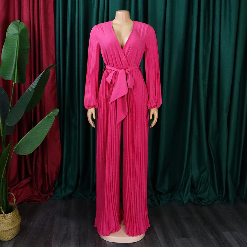Elegant Pleated Full Sleeve V Neck High Waisted Jumpsuit
