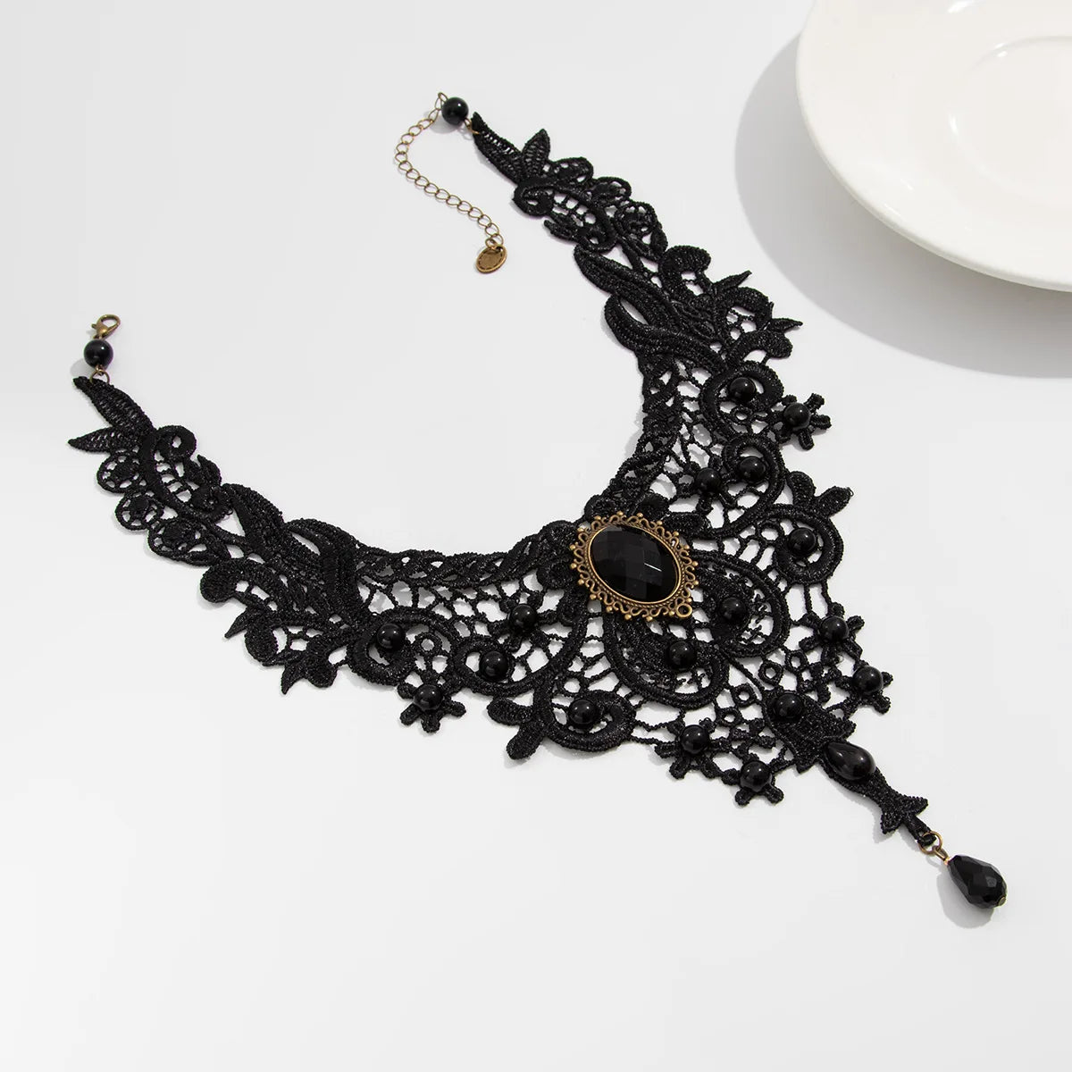 Fashion Vintage Gem Black Lace Bead Necklace