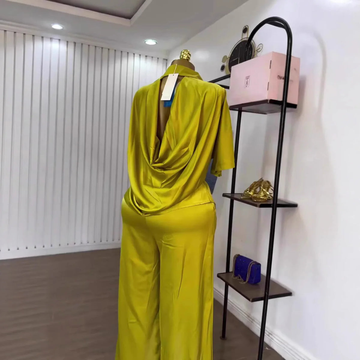 Women Two Piece Turn Down Collar Short Sleeve Shirt & Wide High Waist Leg Long Pants